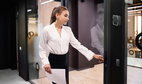 Woman entering a closed door with the Rock