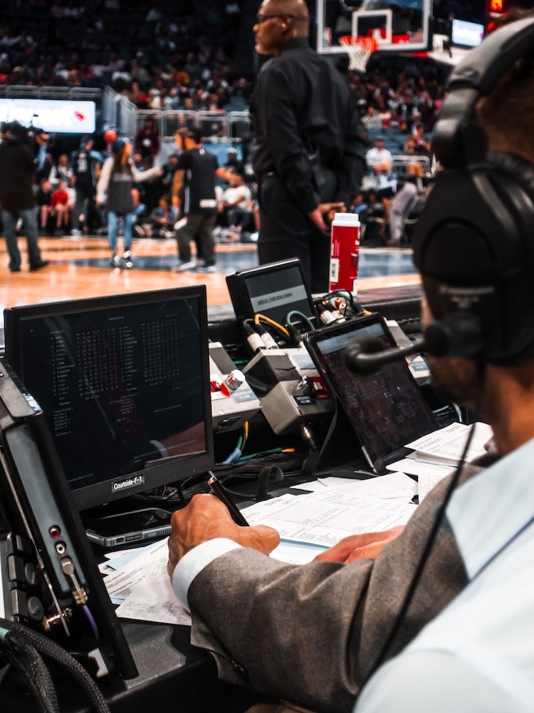 A sports media broadcast table.